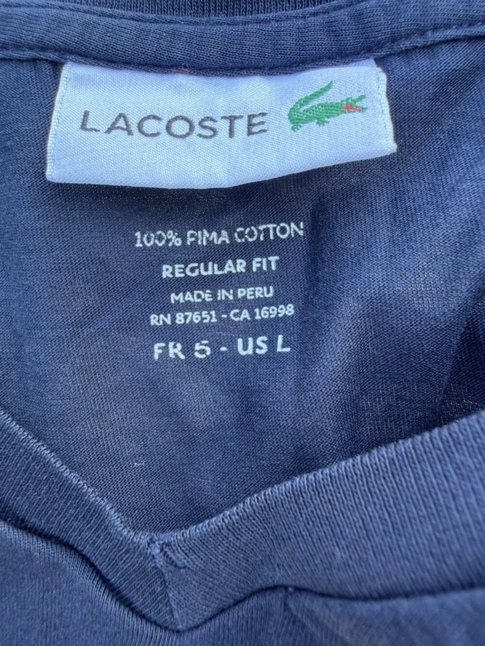 LACOSTE 100% pima cotton vneck navy blue tshirt logo L tenniscore capsule